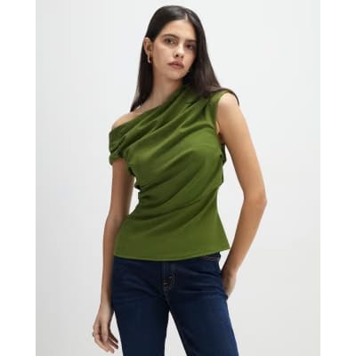 Khaki Short Sleeve Drape Off Shoulder Top