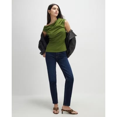 Khaki Short Sleeve Drape Off Shoulder Top
