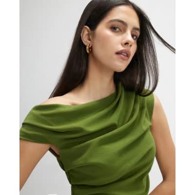 Khaki Short Sleeve Drape Off Shoulder Top
