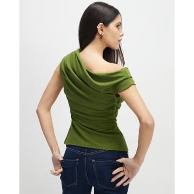 Khaki Short Sleeve Drape Off Shoulder Top