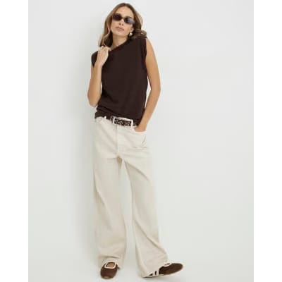 Brown Sleeveless Shoulder Pad Tank Top