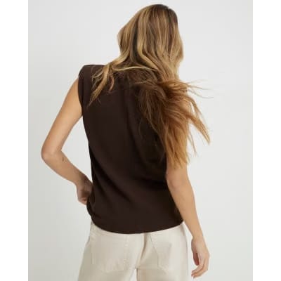 Brown Sleeveless Shoulder Pad Tank Top