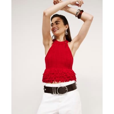 Red Knitted Fringe Trim Vest Top