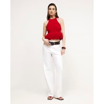 Red Knitted Fringe Trim Vest Top