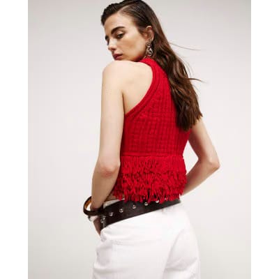 Red Knitted Fringe Trim Vest Top