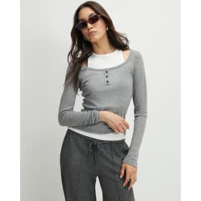 Grey Long Sleeve 2 in 1 Layered Top