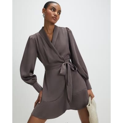 Purple Satin Wrap Front Mini Dress