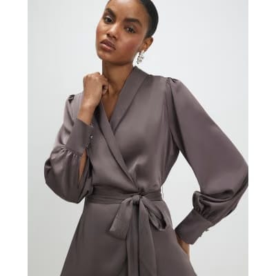 Purple Satin Wrap Front Mini Dress