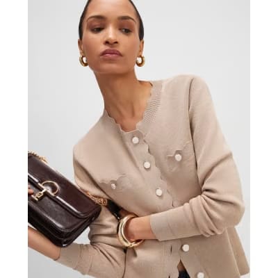 Brown Knit Fitted Scallop Trim Cardigan