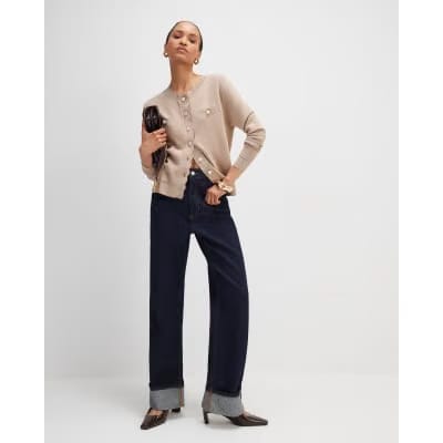 Brown Knit Fitted Scallop Trim Cardigan