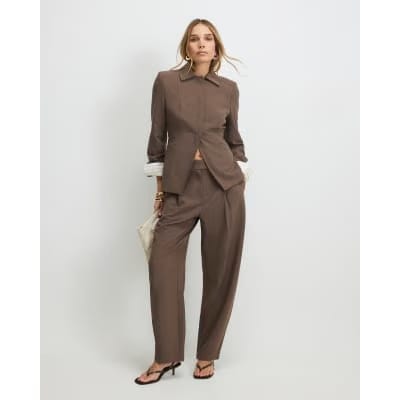 Brown Tailored Barrel Leg Trousers