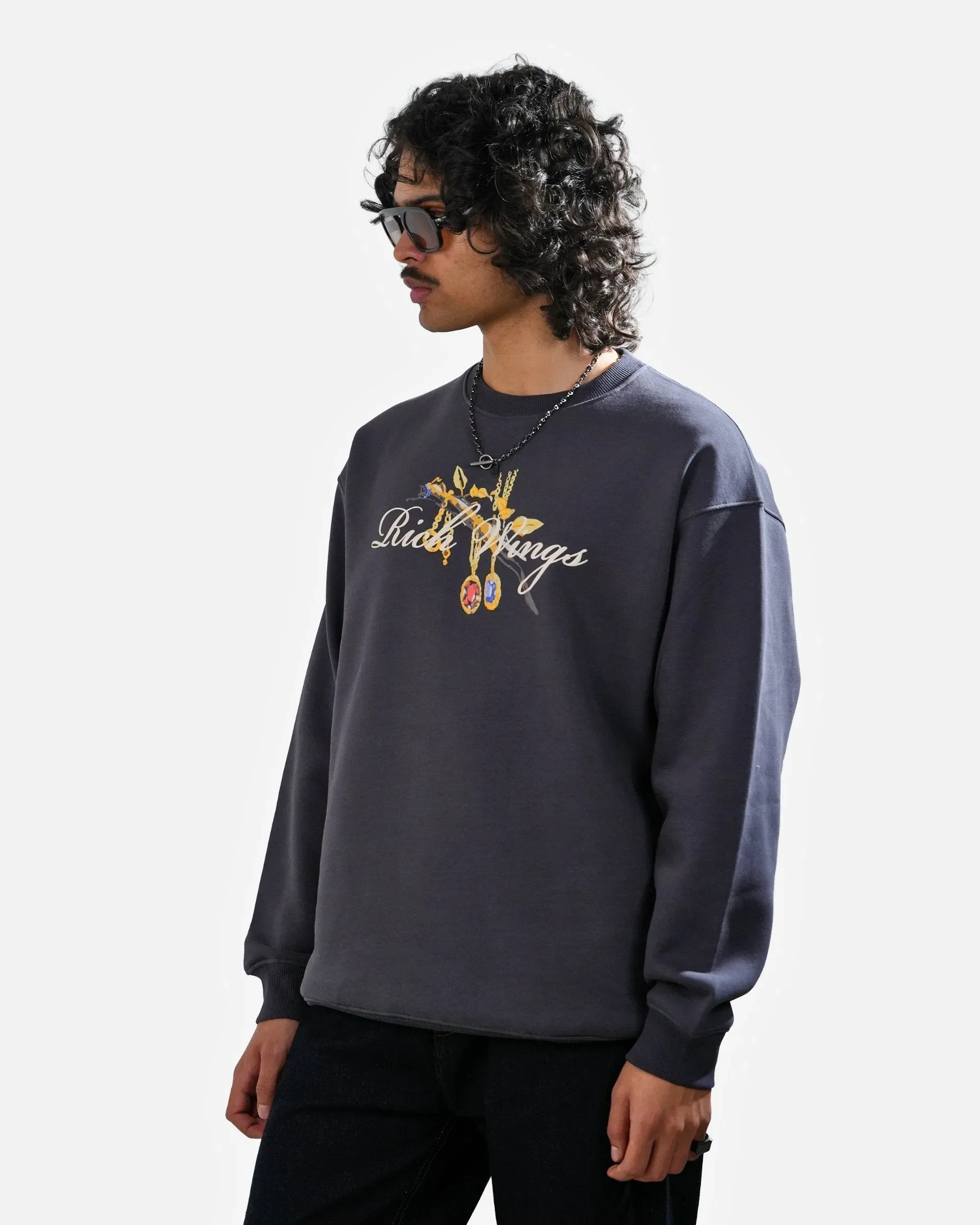 Rich Wings - Gray Oversized Printed Sweatshirt