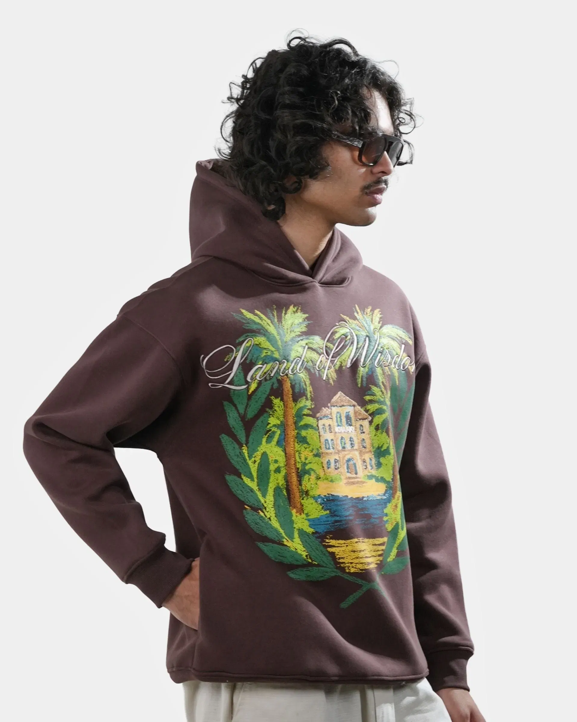 Land Of Wisdom - Coffee Printed Oversized Hoodie