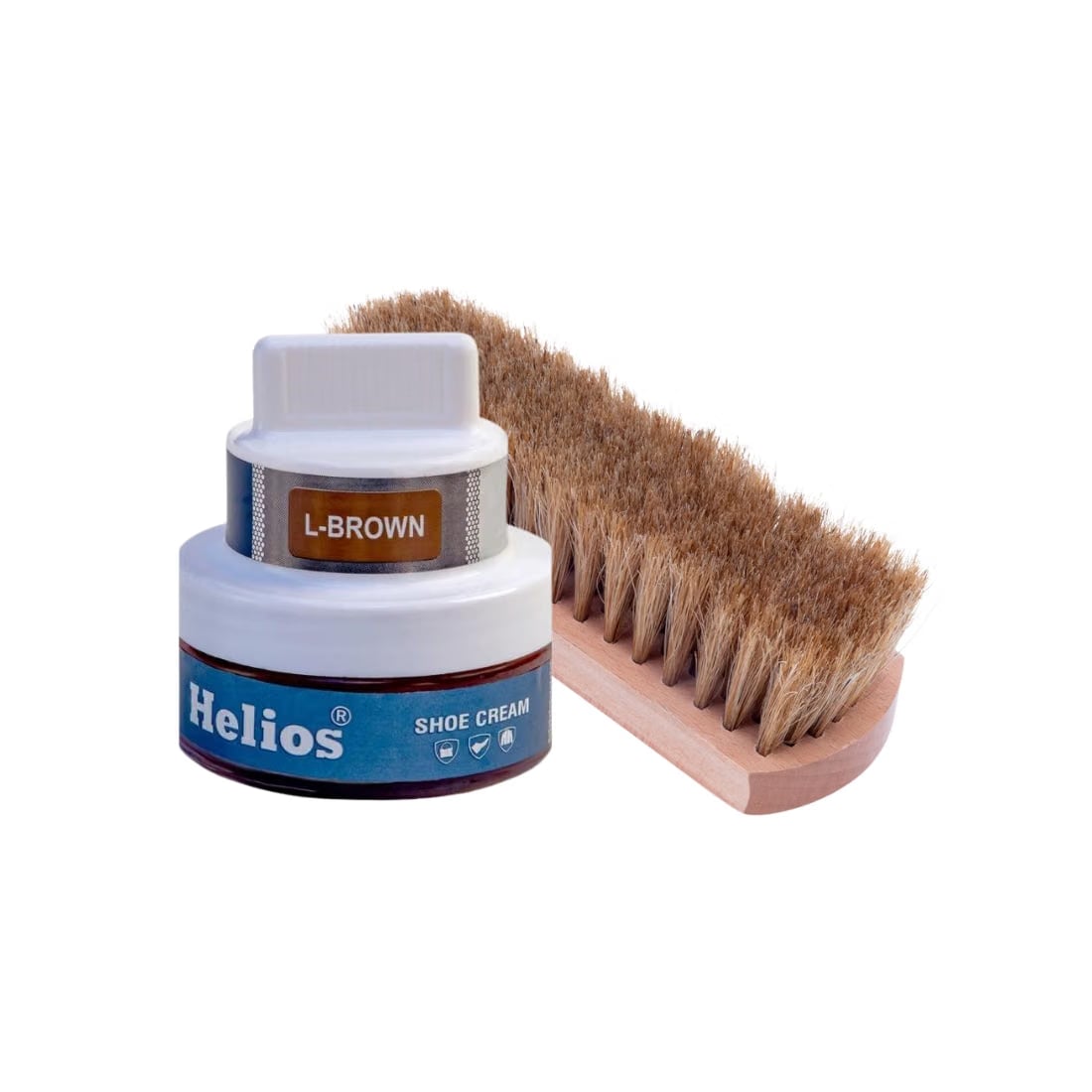 Helios Shoe Cream Glass Jar with Applicator with Helios Horse Hair Shoe Brush - (Light Brown, 6.5 Inch)