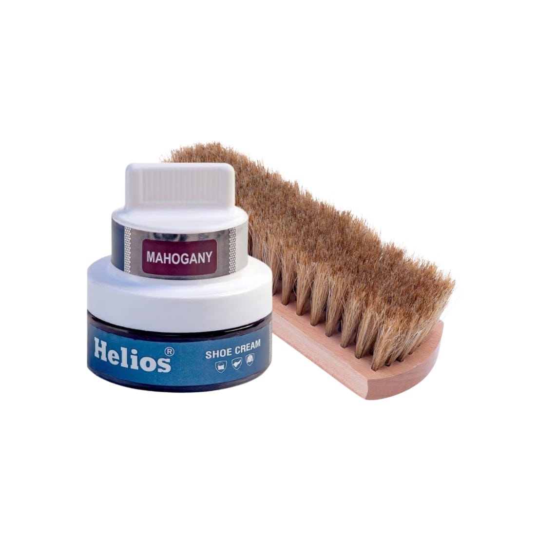 Helios Shoe Cream Glass Jar with Applicator with Helios Horse Hair Shoe Brush - (Light Brown, 6.5 Inch)