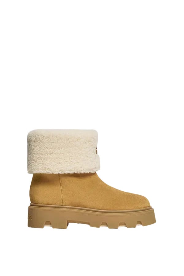 Moncler Aurea Mid Suede & Shearling Boots Camel Beige