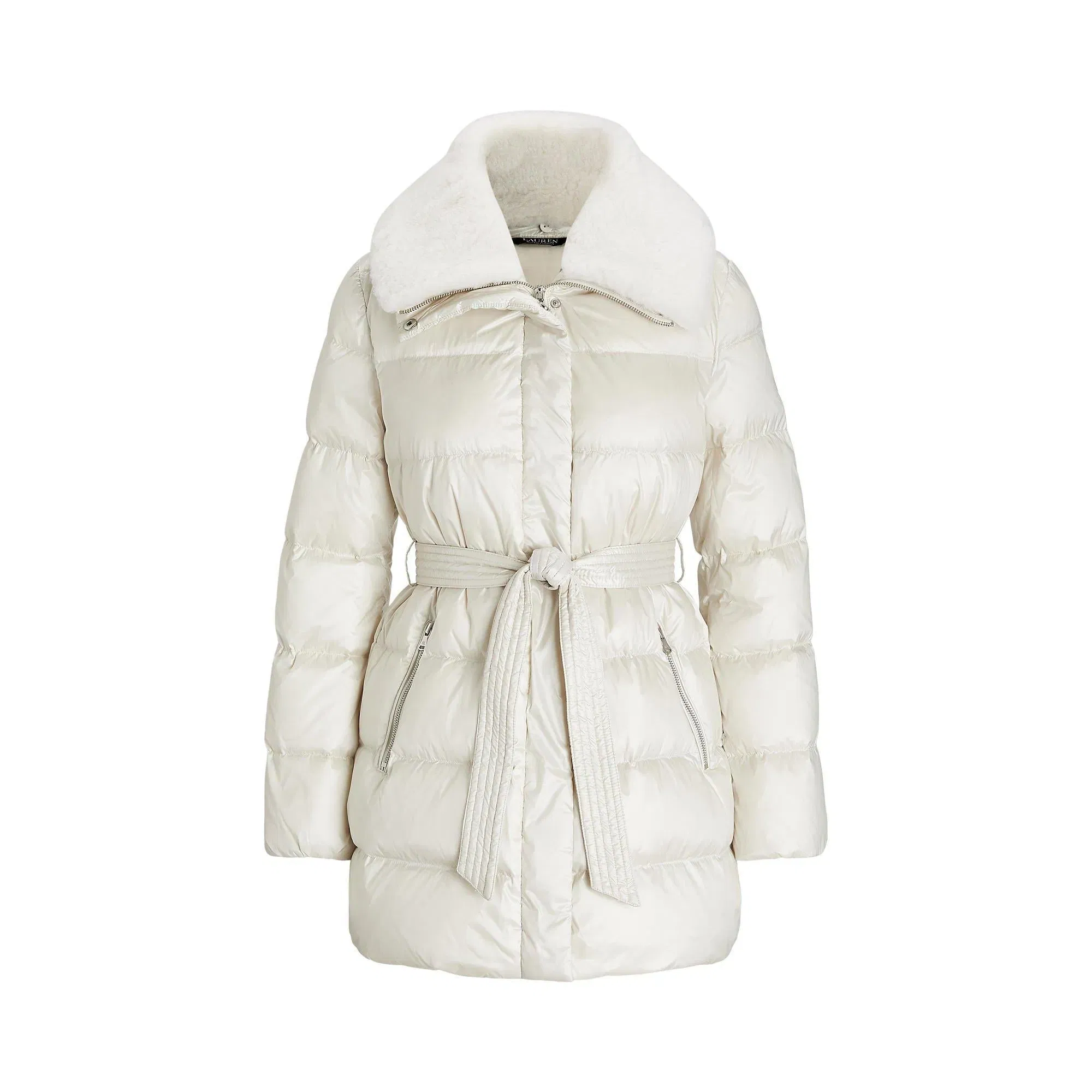 Faux Shearling Trim Belted Wind Resistant Duck Down Short Puffer Jacket