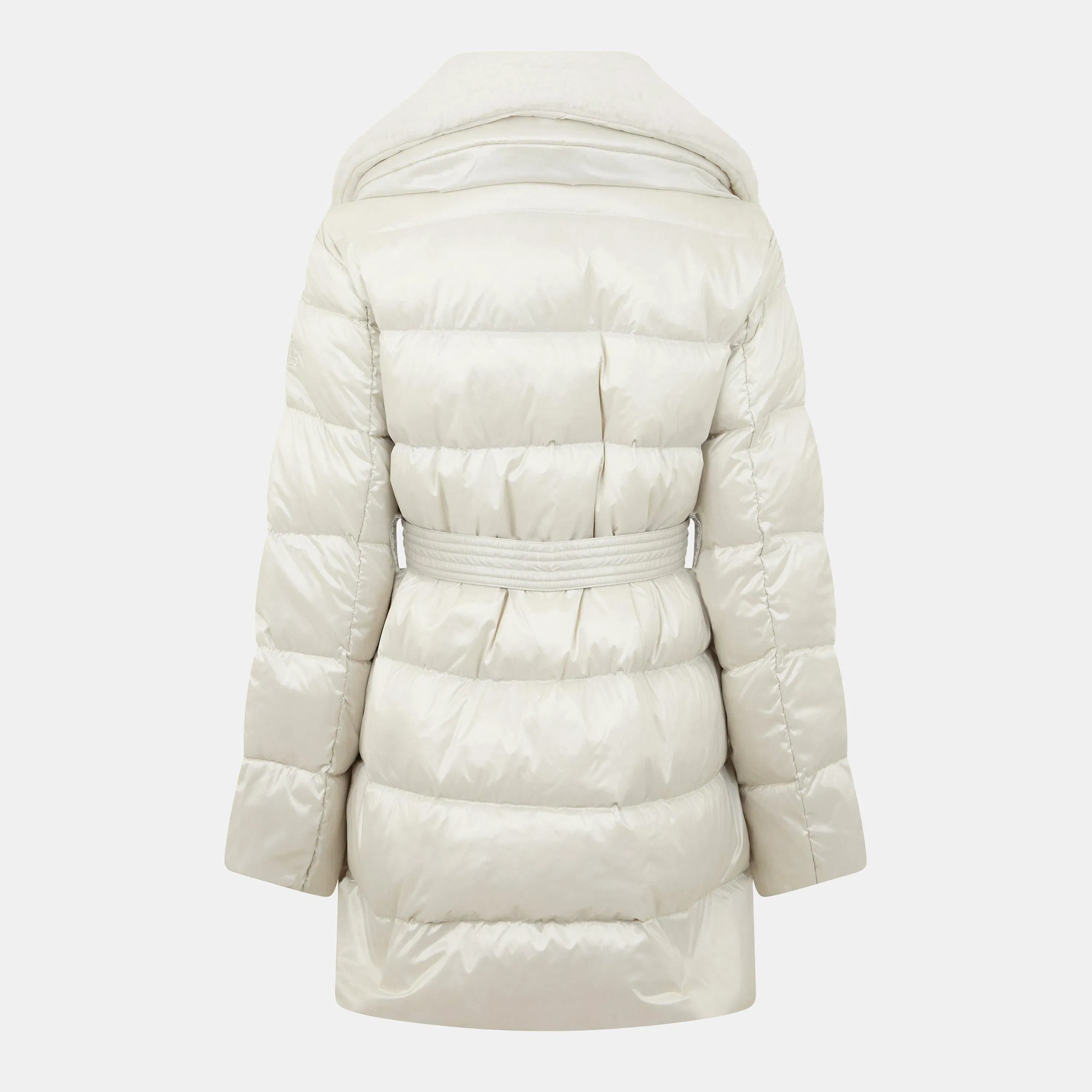 Faux Shearling Trim Belted Wind Resistant Duck Down Short Puffer Jacket