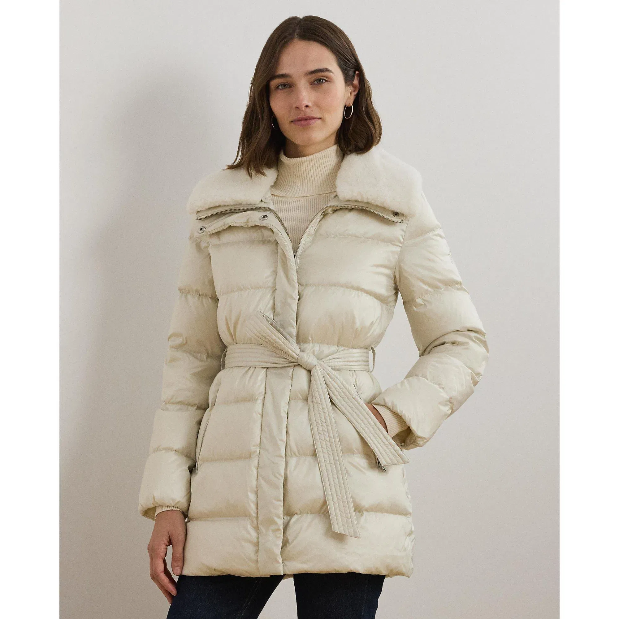 Faux Shearling Trim Belted Wind Resistant Duck Down Short Puffer Jacket