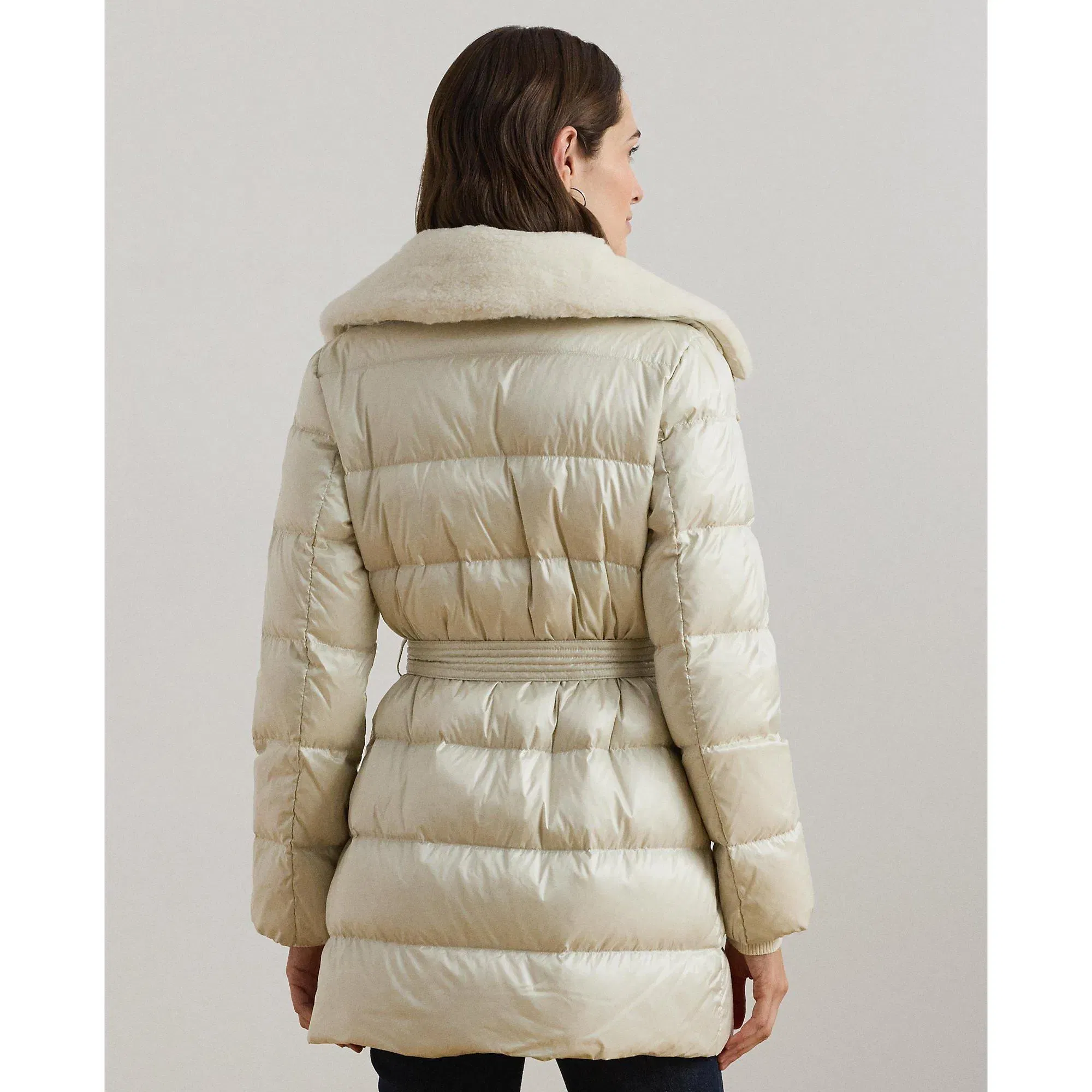 Faux Shearling Trim Belted Wind Resistant Duck Down Short Puffer Jacket