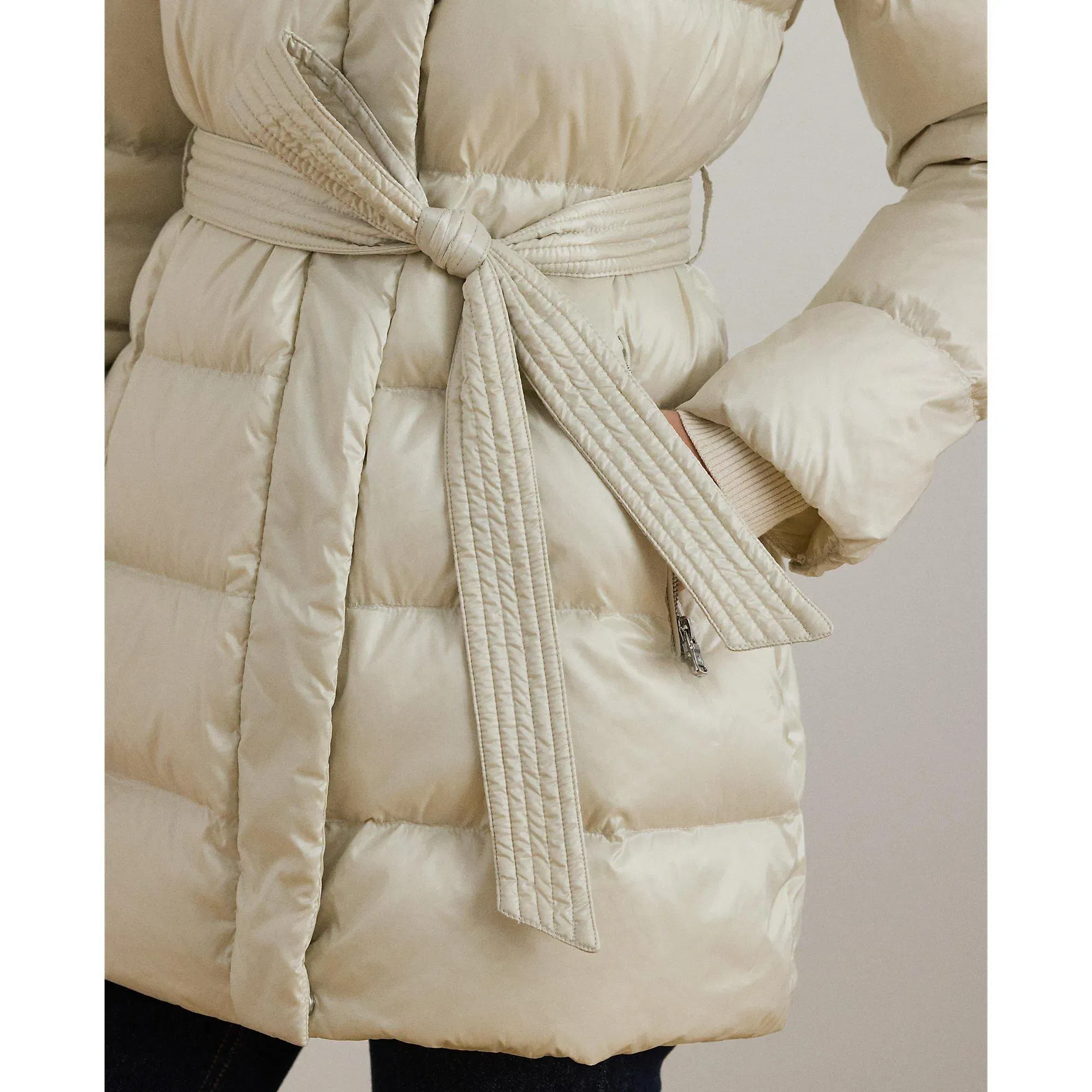 Faux Shearling Trim Belted Wind Resistant Duck Down Short Puffer Jacket