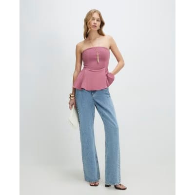 Pink Sleeveless Peplum Bandeau Top