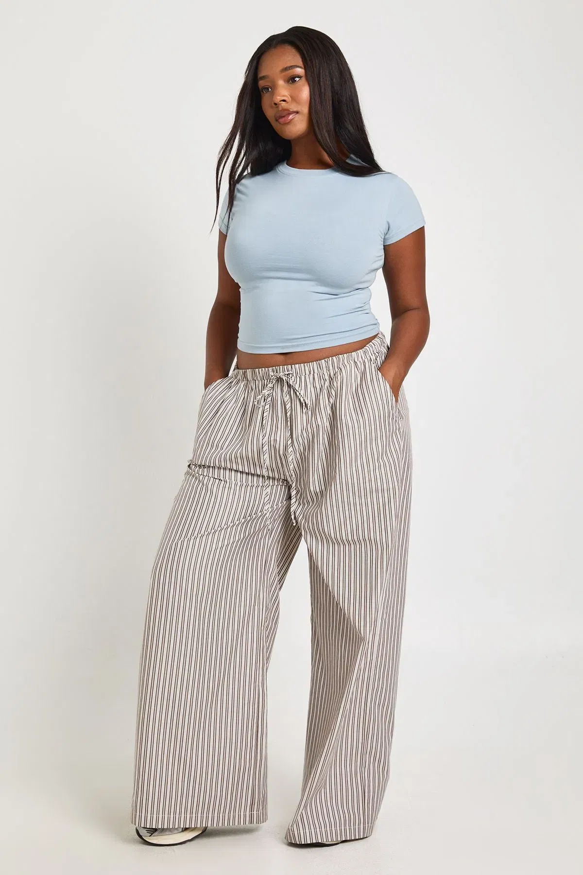 Plus Woven Stripe Elasticated Waist Wide Leg Trouser