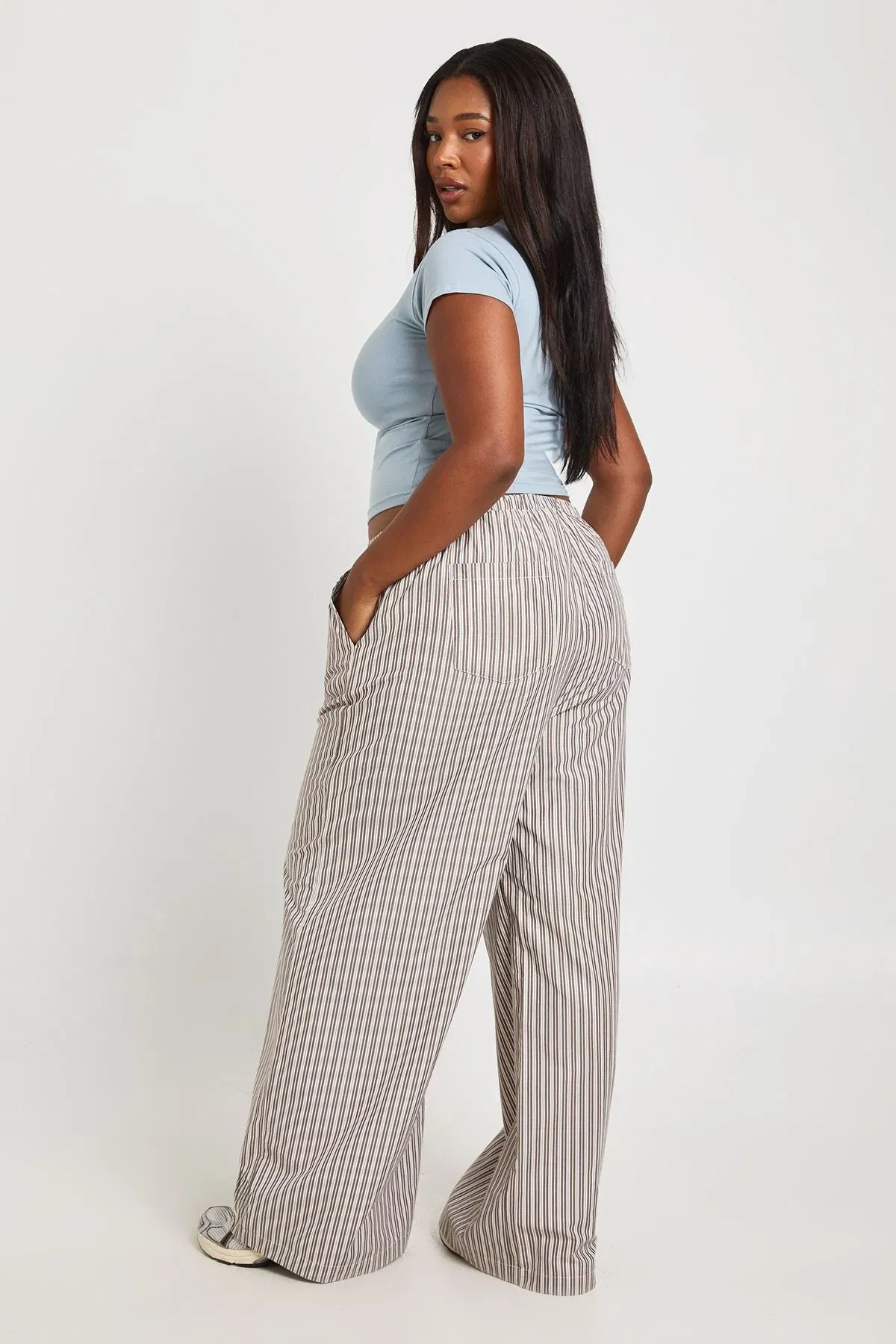 Plus Woven Stripe Elasticated Waist Wide Leg Trouser