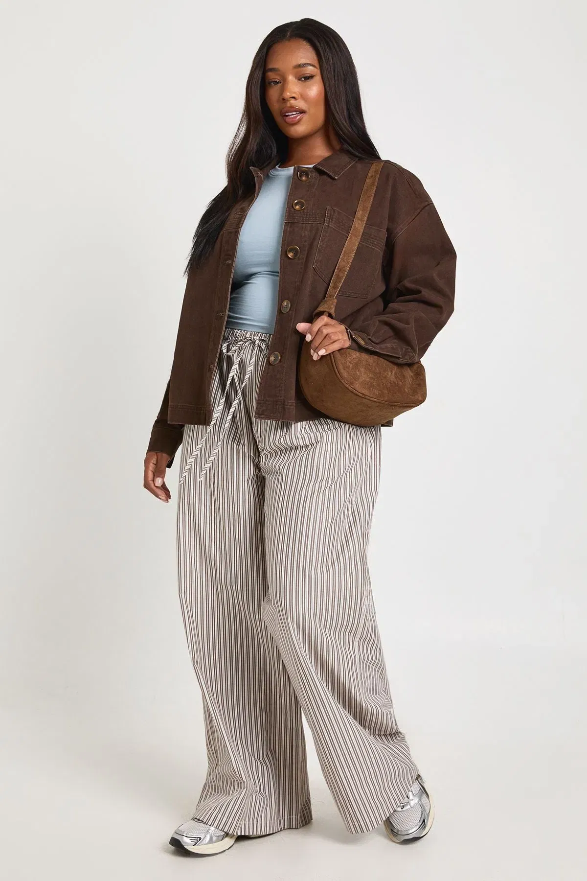 Plus Woven Stripe Elasticated Waist Wide Leg Trouser