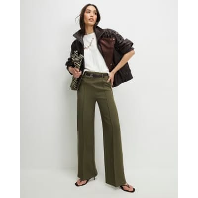 Khaki Belted Straight Leg Trousers