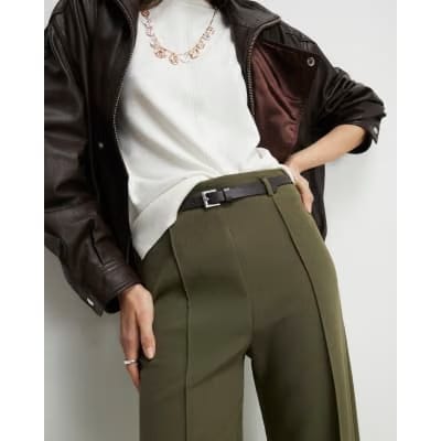 Khaki Belted Straight Leg Trousers