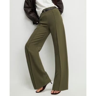 Khaki Belted Straight Leg Trousers