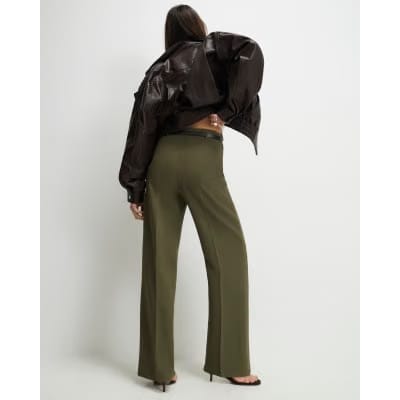 Khaki Belted Straight Leg Trousers