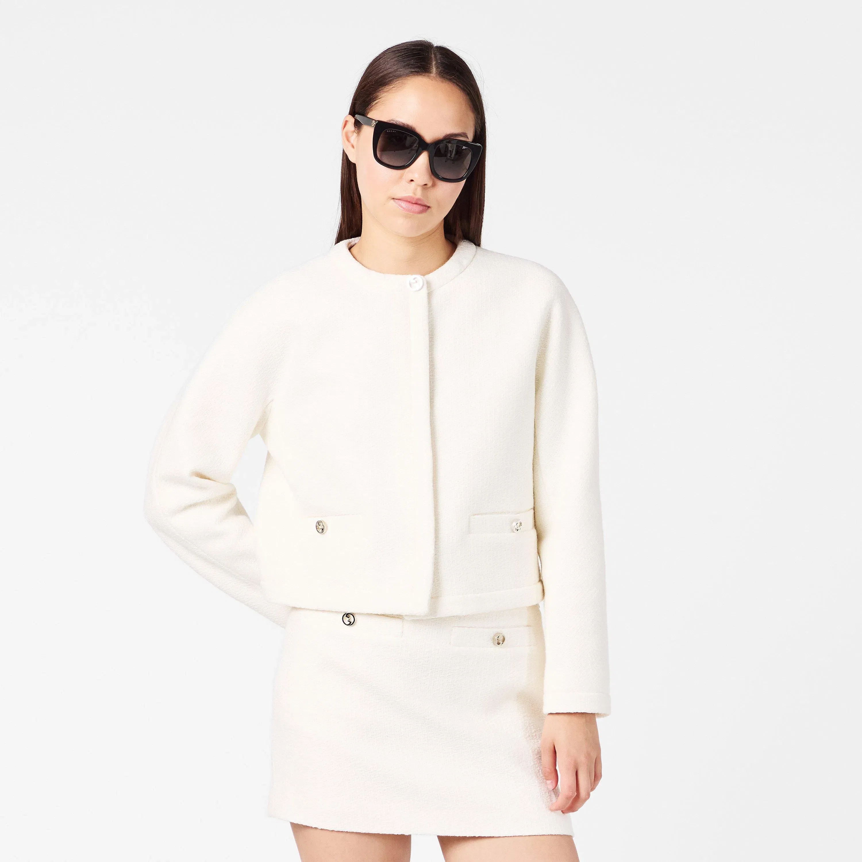 Wool Bouclv© Collarless Long Sleeve Overcoat
