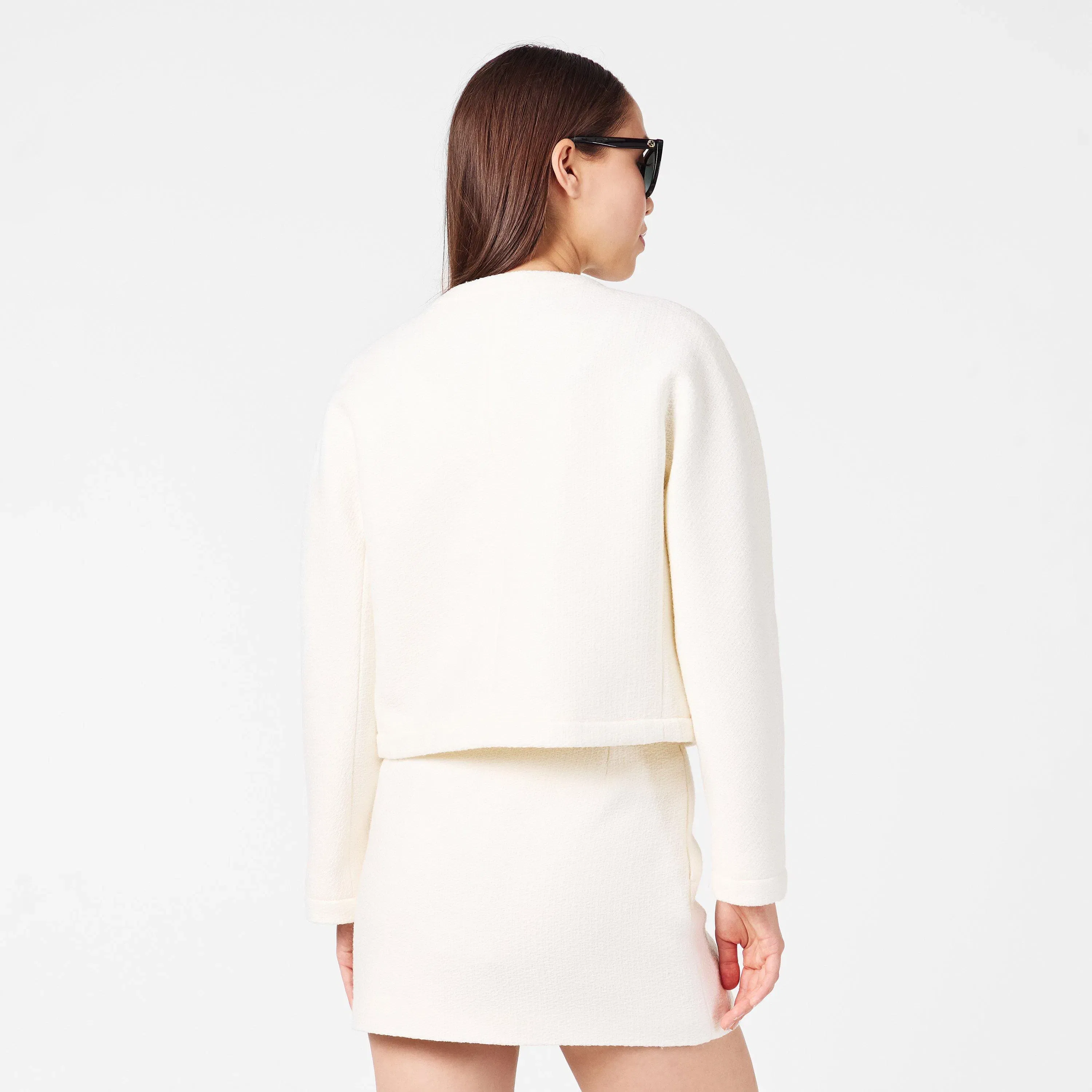 Wool Bouclv© Collarless Long Sleeve Overcoat