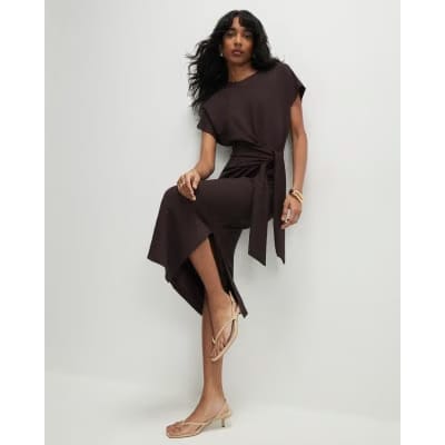 Brown Premium Short Sleeve Knot Midi Dress