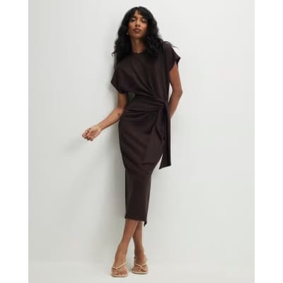 Brown Premium Short Sleeve Knot Midi Dress