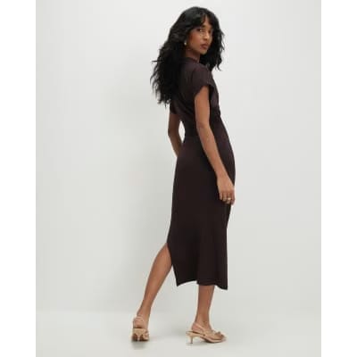 Brown Premium Short Sleeve Knot Midi Dress