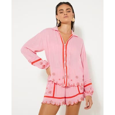 Pink Long Sleeve Embroidered Beach Shirt
