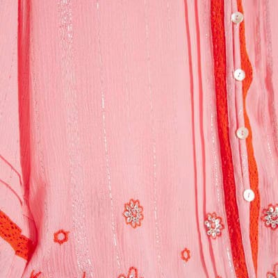 Pink Long Sleeve Embroidered Beach Shirt