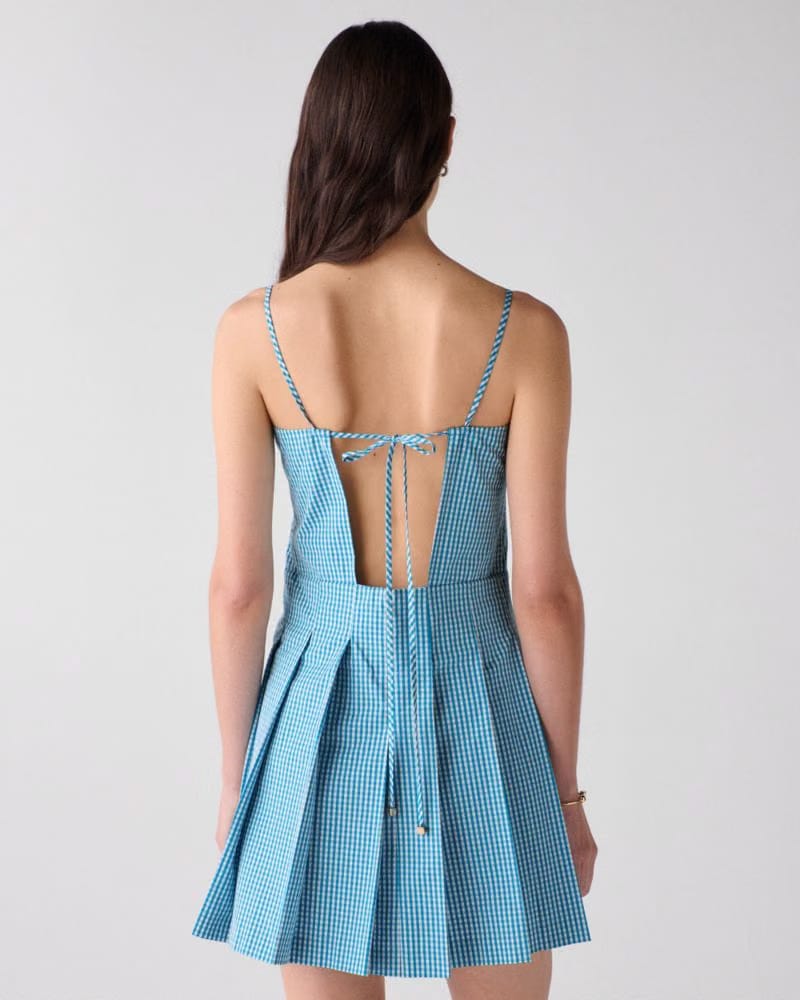 Gingham Open Back Pleated Dress
