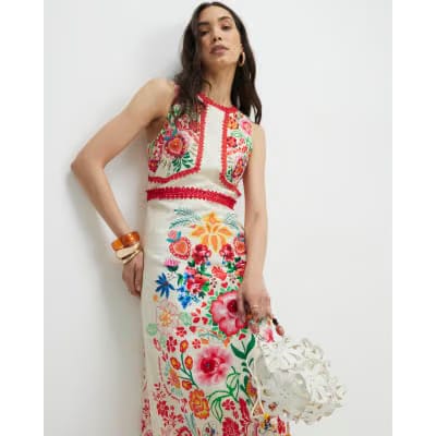 Cream Floral Print Cut Out Maxi Dress