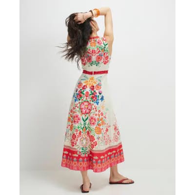 Cream Floral Print Cut Out Maxi Dress