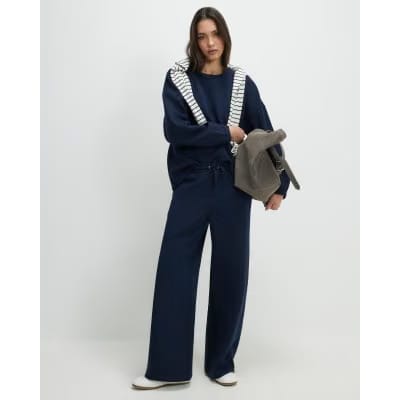 Navy Premium Drawstring Wide Leg Joggers