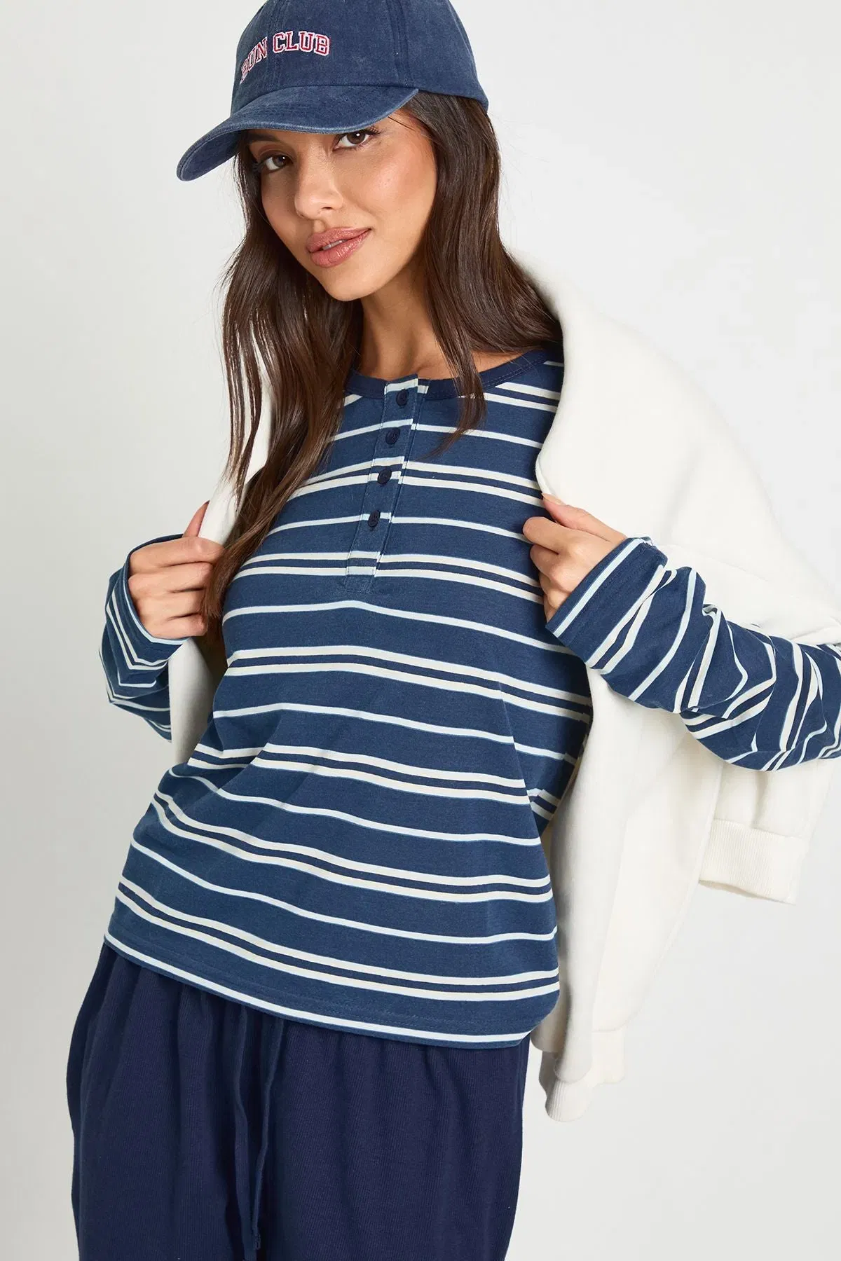 Striped Long Sleeve Henley Button Boxy Top