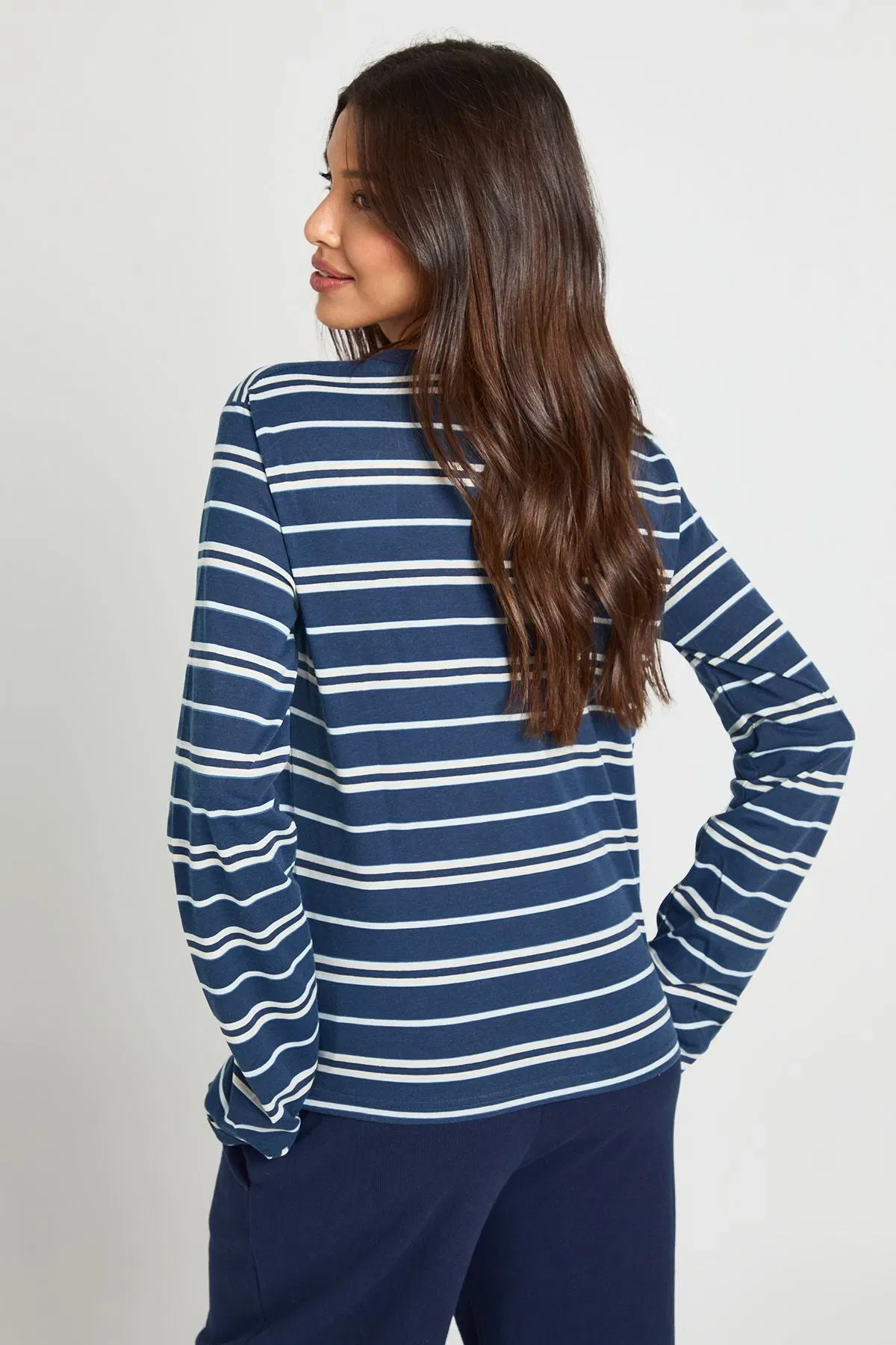 Striped Long Sleeve Henley Button Boxy Top