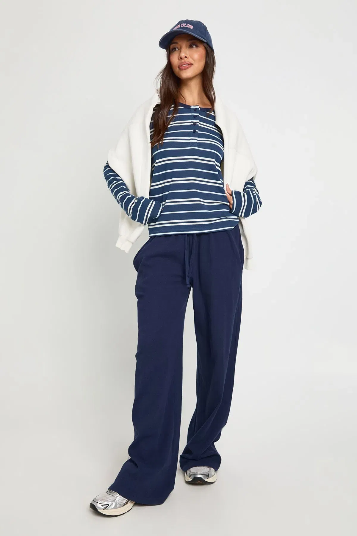 Striped Long Sleeve Henley Button Boxy Top