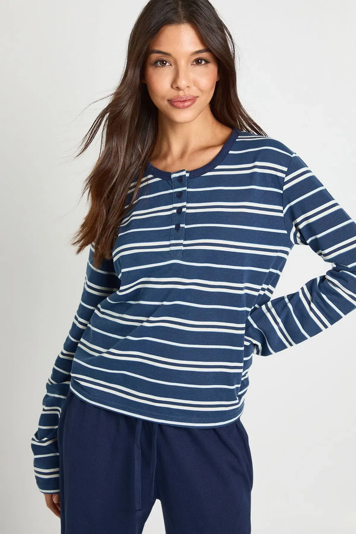 Striped Long Sleeve Henley Button Boxy Top