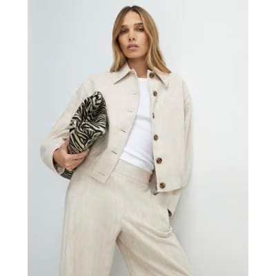 Beige Linen Look Tailored Bomber Jacket