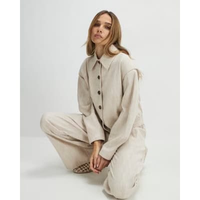 Beige Linen Look Tailored Bomber Jacket